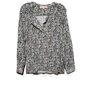 Loft M Women's Black Cream Split Neck Animal Print‎ Blouson Top Blouse Popover